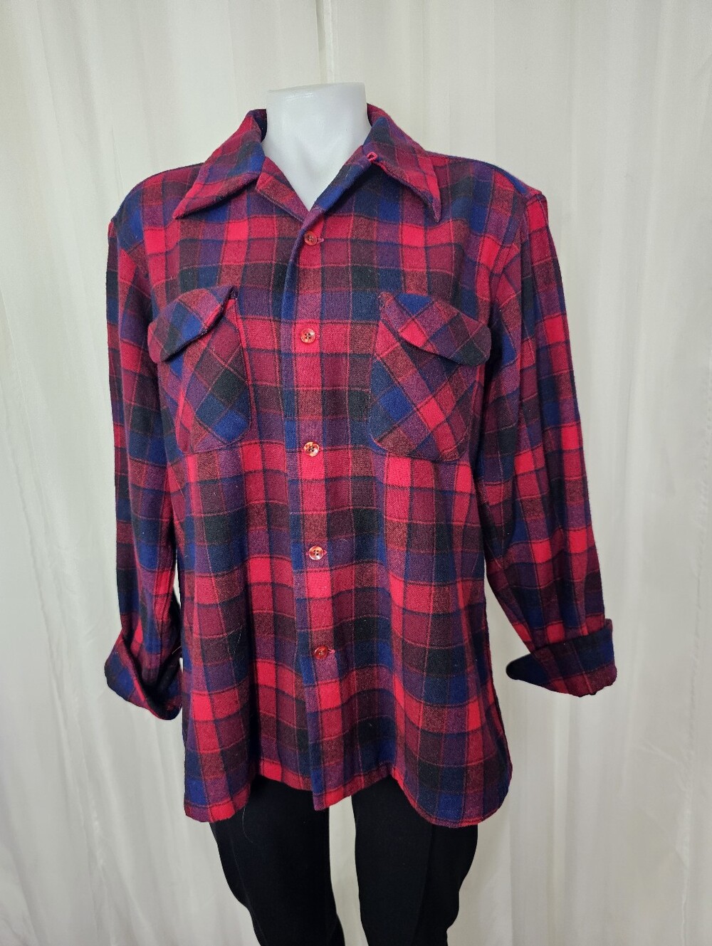Vintage Pendleton Blue Label Wool Board Shirt Red Blue Shadow Plaid Mens Large